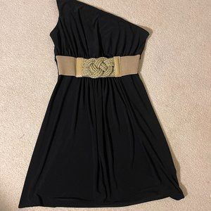 Boston Proper One Shoulder Belted Dress XS Black w/ Tan Woven Belt EUC